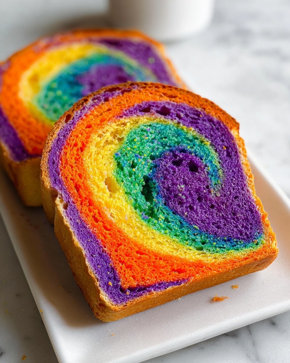 Whole loaf of vibrant rainbow swirl bread, showcasing tightly interwoven layers of red, orange, yellow, green, blue, and purple dough, the crust evenly golden and smooth, presented on a clean white marble surface, entire loaf featured with natural lighting highlighting the rich colors and soft texture, professional 3/4 angle food photography, photo taken with an iphone --ar 4:5 --v 7
