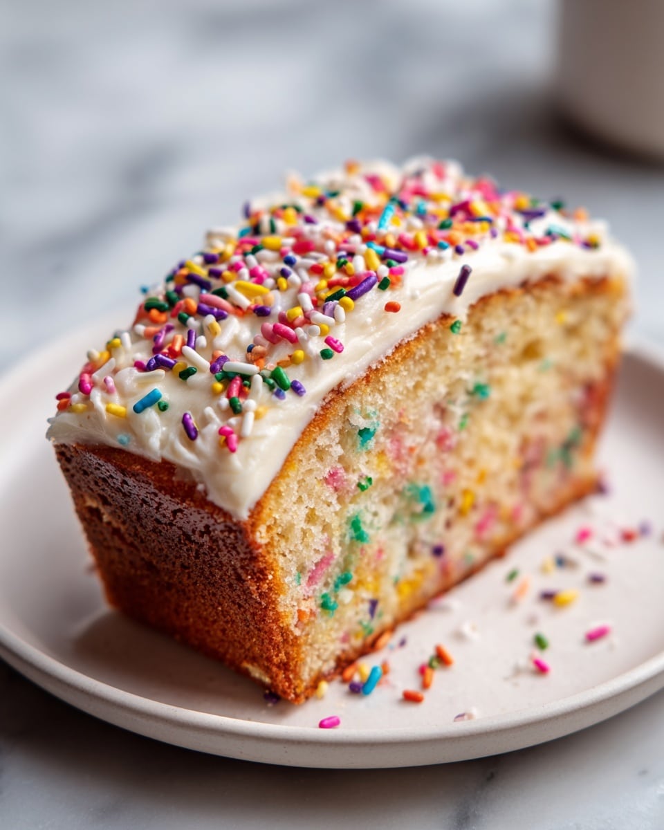 A whole, unsliced rectangular birthday cake loaf on a large white plate, generously frosted with creamy white icing and vibrantly decorated with an array of colorful confetti sprinkles, the cake showing a moist interior studded with multicolored sprinkles for a funfetti effect, styled as a complete, intact dessert, photographed from a professional 3/4 angle on a white marble countertop with natural lighting highlighting its festive texture, perfect for a food magazine hero shot, photo taken with an iphone --ar 4:5 --v 7