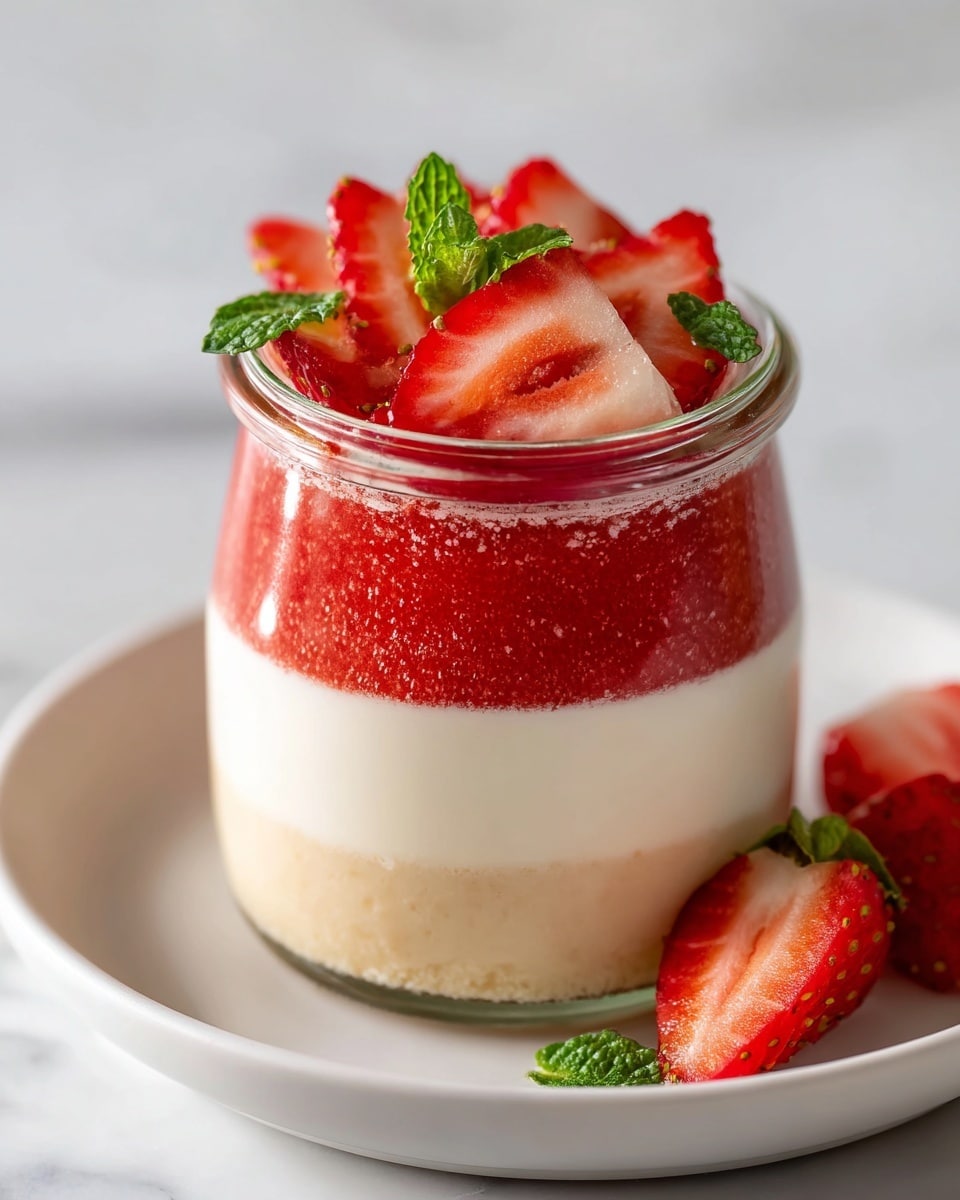 Two large white serving bowls filled with layered strawberry panna cotta, showcasing smooth creamy vanilla custard base topped with a thick layer of vibrant red strawberry puree, garnished lavishly with whole and sliced fresh strawberries and sprigs of bright green mint leaves, arranged neatly on a white marble countertop under natural lighting, professional food styling, whole dishes captured in frame from a 3/4 angle, photo taken with an iphone --ar 4:5 --v 7