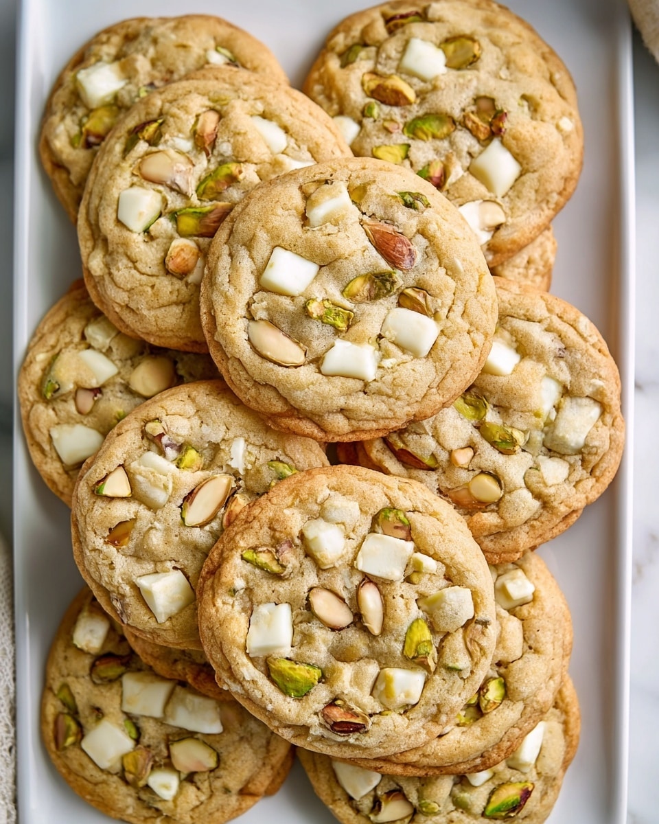 A large white rectangular platter filled with an array of freshly baked pistachio and white chocolate chunk cookies, each cookie golden brown with generous chunks of white chocolate and whole pistachio nuts embedded throughout, arranged closely together in a visually appealing pattern, photographed from a 3/4 angle on a pristine white marble countertop in natural light, styled professionally like a food magazine hero shot, photo taken with an iphone --ar 4:5 --v 7