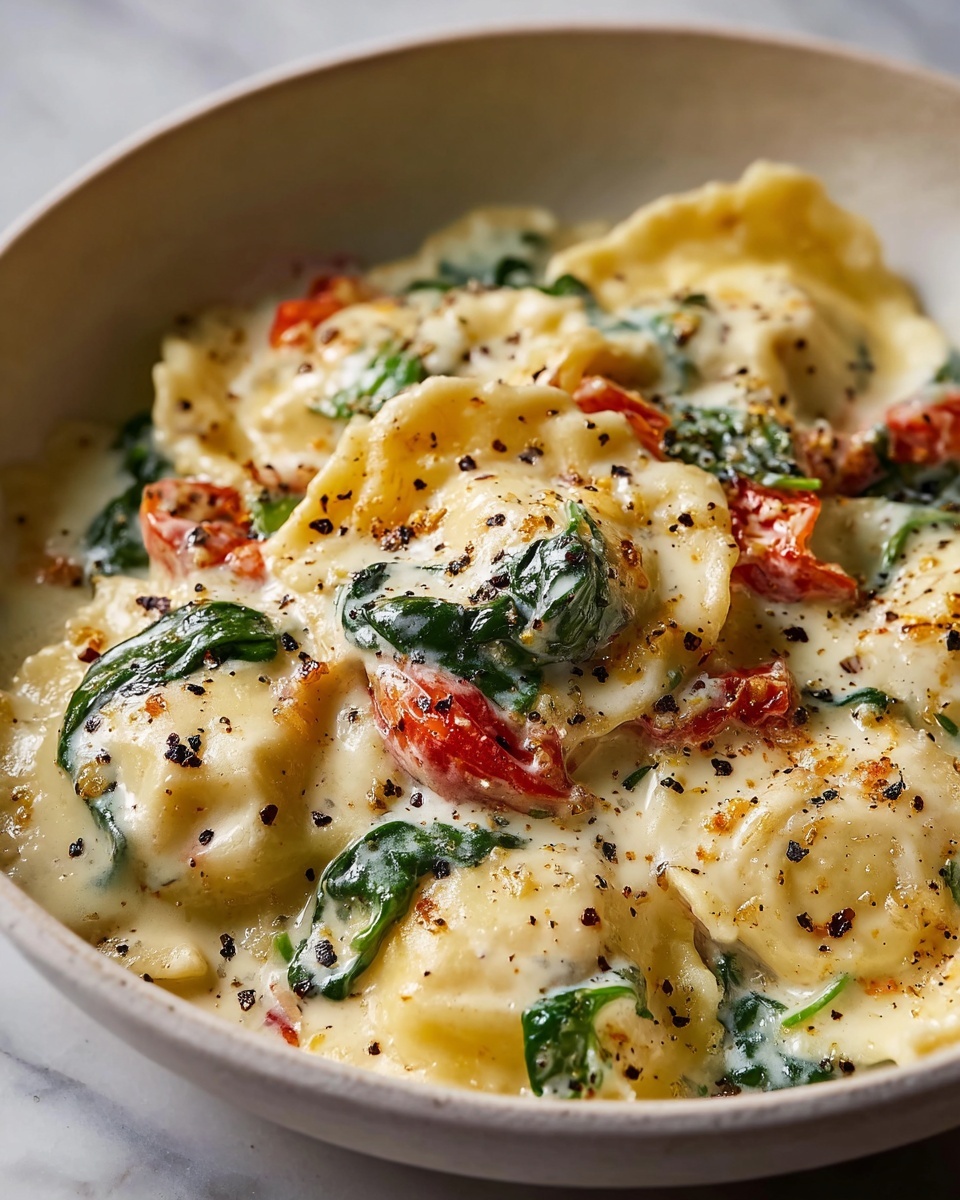 Creamy Tuscan Ravioli Soup Recipe 6 Large white ceramic pot filled with creamy spinach and sun-dried tomato ravioli in a rich, smooth sauce, generously sprinkled with cracked black pepper and flecks of fresh herbs, whole dish presented from a 3/4 angle on a white marble surface, natural lighting highlighting the texture and vibrant colors, professional food magazine style hero shot, photo taken with an iphone --ar 4:5 --v 7