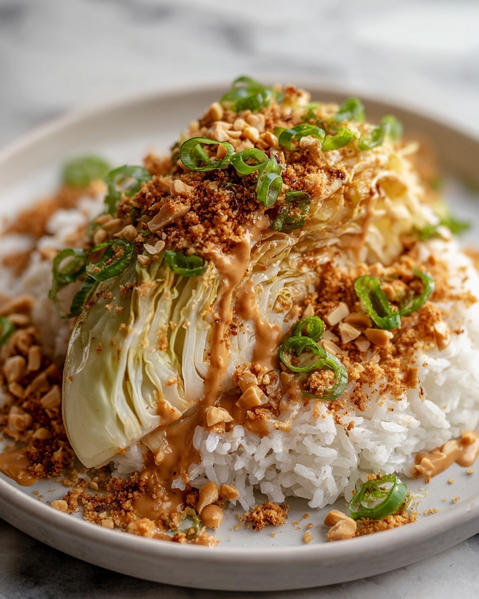 Dan Dan Charred Cabbage with Tofu Crumble and Spicy Sesame Sauce Recipe 6 Large white oval serving platter filled with a whole roasted cabbage head, beautifully caramelized and drizzled with a creamy peanut sauce, topped generously with crunchy toasted breadcrumbs, chopped peanuts, and fresh sliced green onions, arranged alongside additional roasted cabbage quarters in the background, all presented on a white marble countertop under natural lighting, professional food styling photo taken with an iphone --ar 4:5 --v 7