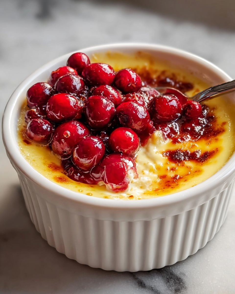 Amazing 10-Minute Cranberry Orange Cottage Cheese Bake Recipe 6 White ceramic ramekin filled with a whole baked custard dessert topped with whole glistening fresh cranberries, the surface perfectly golden brown and slightly caramelized, the dish presented in a clean unblemished state with no portions removed, shot from a professional 3/4 angle on a white marble background with natural light highlighting the creamy texture and vibrant red berries, styled like a high-end food magazine hero shot, photo taken with an iphone --ar 4:5 --v 7
