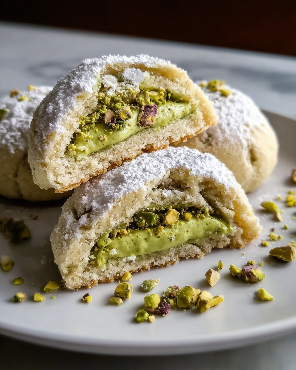 Large white ceramic plate filled with an array of whole fluffy pistachio cookies generously dusted with powdered sugar, each cookie perfectly round with a slightly cracked surface revealing a soft, moist interior filled with smooth green pistachio cream and sprinkled with chopped pistachio nuts, arranged in an inviting circular pattern with extra chopped pistachios scattered artfully around the plate, shot from a 3/4 angle with natural light highlighting the texture and vibrant colors, set on a white marble countertop, professional food magazine hero shot photo taken with an iphone --ar 4:5 --v 7