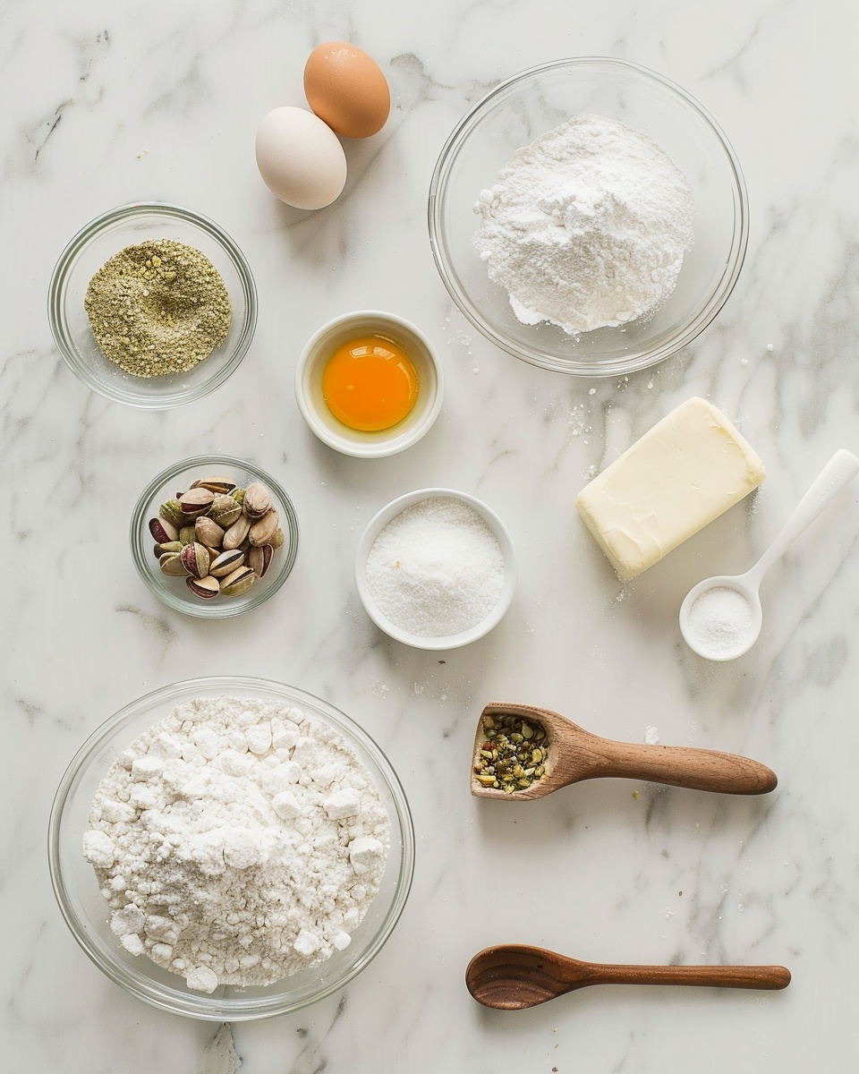 Single white plate holding a close-up view of one pistachio-filled cookie sliced in half to reveal the creamy green pistachio filling layered inside a soft, crumbly pale dough, dusted generously with powdered sugar, small crunchy pistachio pieces sprinkled around the plate enhancing texture, natural soft lighting highlighting the moist interior and delicate crumb, white marble background, intimate styled single serving photo taken with an iphone --ar 4:5 --v 7