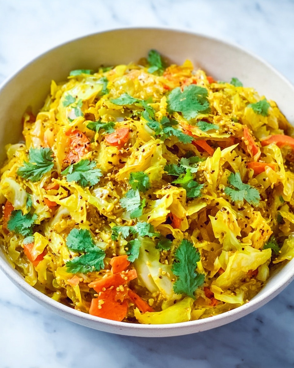 A large white serving bowl filled with a vibrant yellow curried cabbage and vegetable medley, featuring shredded cabbage, sliced carrots, mustard seeds, and fresh cilantro leaves generously sprinkled on top, highlighting the rich textures and colors of the spiced dish. The bowl is placed on a pristine white marble countertop with natural lighting capturing the glossy, well-cooked vegetables in a professional food magazine hero shot, photo taken with an iphone --ar 4:5 --v 7