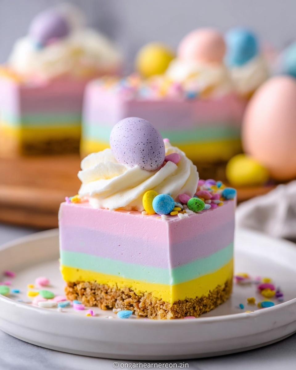 Whole round pastel rainbow layered mousse cake sitting on a large white plate, decorated with smooth pastel pink, yellow, mint green, and lavender layers, topped with dollops of whipped cream, colorful sprinkles, and pastel candy eggs in soft pink, purple, and yellow, surrounded by matching pastel candy eggs arranged around the cake, shot from a professional 3/4 angle on a white marble countertop with natural lighting, styled like a food magazine hero shot, photo taken with an iphone --ar 4:5 --v 7