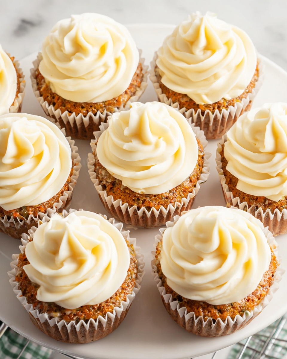 A white platter beautifully arranged with a dozen whole moist carrot cupcakes, each swirled generously with creamy white frosting topping, all uniformly decorated with smooth, elegant peaks of icing, showcasing the complete batch on a white marble countertop under natural light, styled as a professional hero shot from a food magazine, photo taken with an iphone --ar 4:5 --v 7