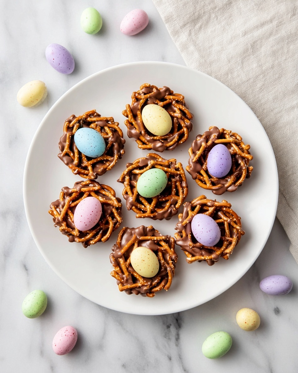 White round serving platter filled with a full batch of six chocolate-covered pretzel nests, each nest artfully shaped with intertwined pretzels coated in glossy chocolate, topped with three pastel speckled candy eggs in soft shades of pink, blue, green, yellow, and purple, arranged neatly and evenly spaced, additional pastel candy eggs scattered around the platter for decoration, all presented on a pristine white marble countertop with natural light enhancing the textures and colors, professional food styling photo taken with an iphone --ar 4:5 --v 7