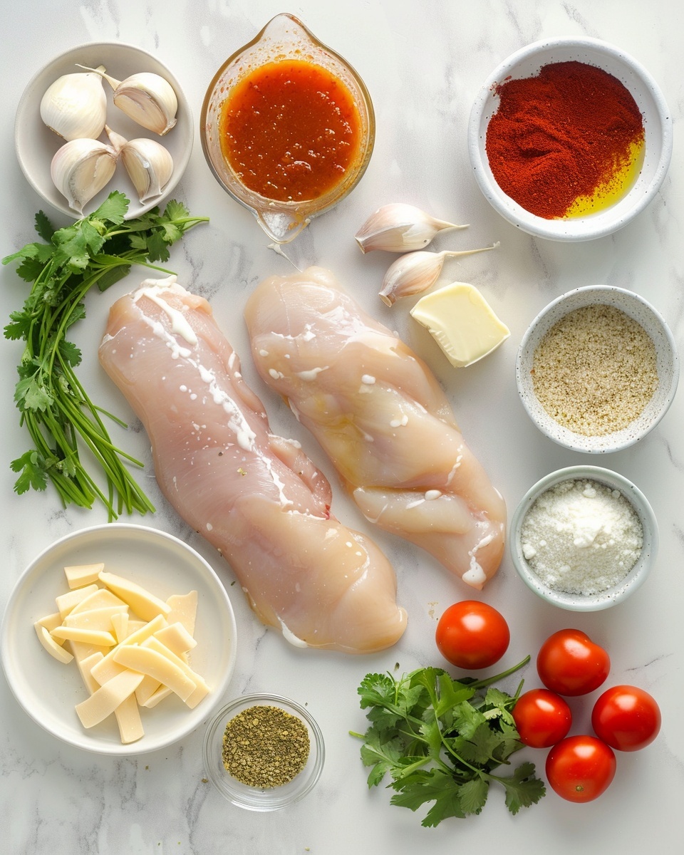 Single white plate featuring one portion of creamy chicken with diced tomato sauce, the tender chicken breast displaying a golden-brown sear partially submerged in the rich, chunky sauce, garnished with finely chopped parsley, and accompanied by a neat serving of fluffy white rice sprinkled with fresh herbs and two vibrant lime wedges on the side, close-up angled shot capturing the depth of textures and creamy sauce, white marble background, natural lighting, styled as a food blog plated serving photo taken with an iphone --ar 4:5 --v 7