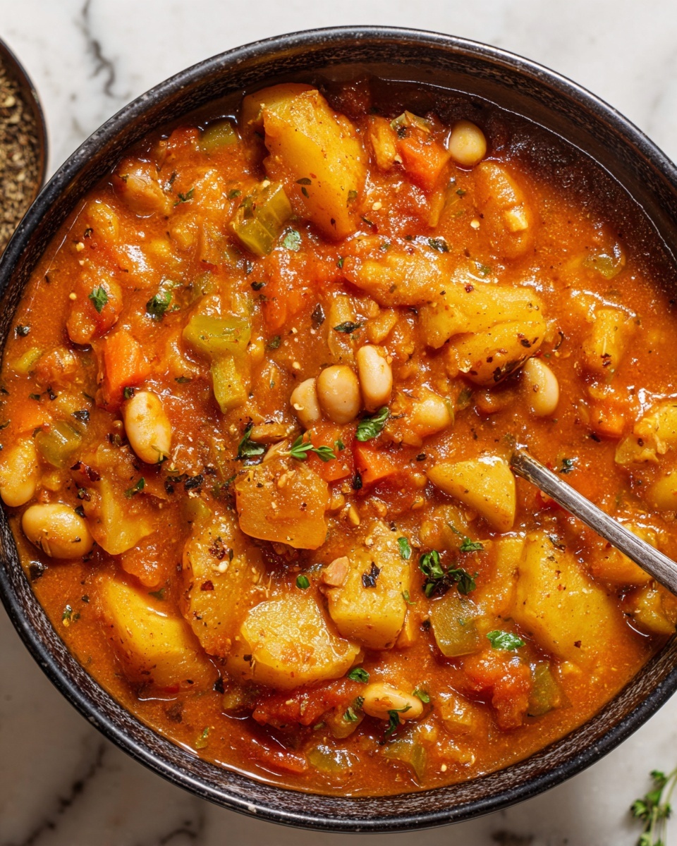 Large white ceramic bowl filled with a rich, hearty vegetable stew featuring golden chunks of potato, white beans, tomatoes, diced carrots, celery, and a thick, vibrant orange tomato-based sauce seasoned with herbs and spices, the entire dish shown from a 3/4 angle on a white marble countertop under natural lighting, professional food magazine style hero shot, photo taken with an iphone --ar 4:5 --v 7