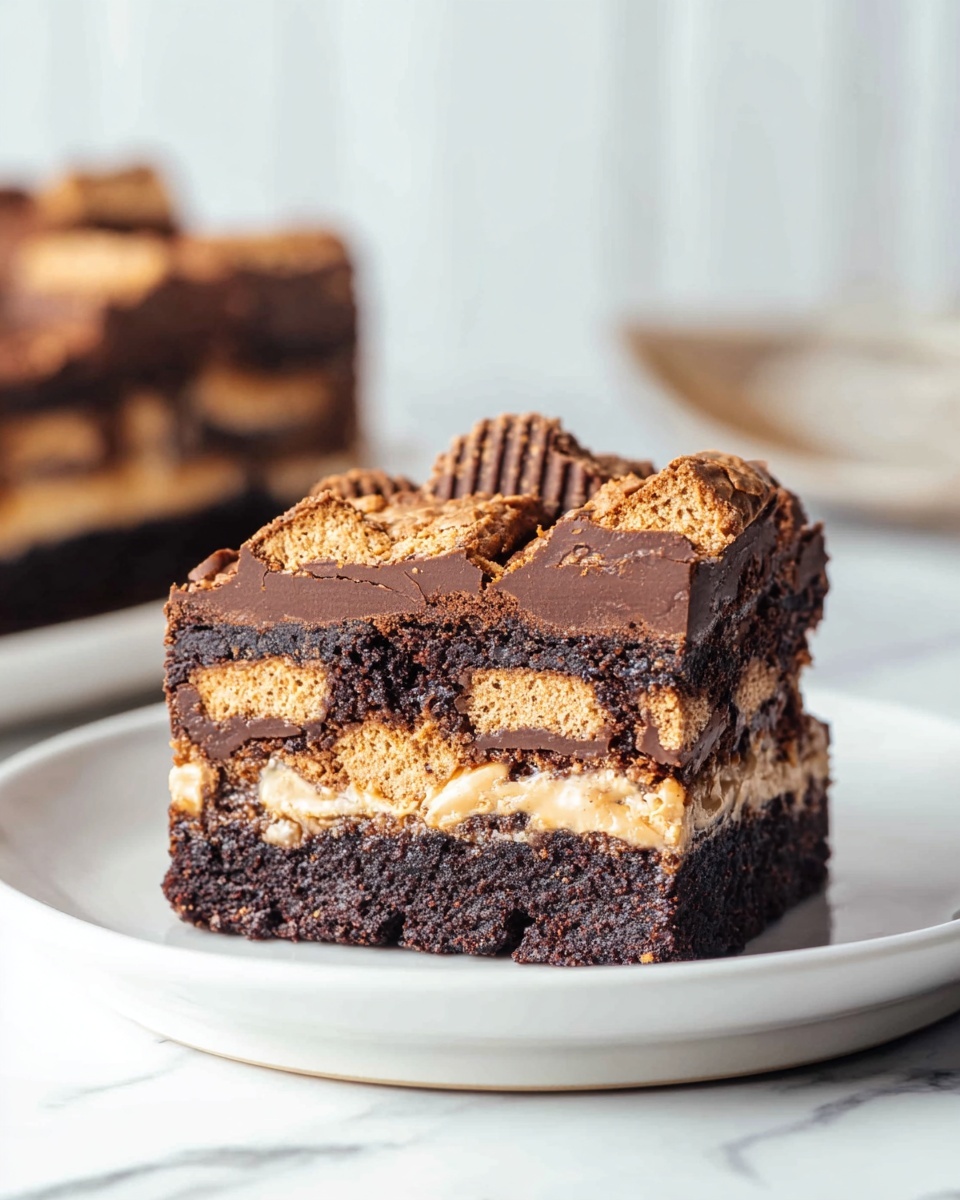 Large white rectangular baking dish filled with a rich, dense peanut butter and chocolate brownie dessert, showcasing visible whole peanut butter wafer biscuits embedded within a fudgy chocolate base and topped with a golden, slightly cracked peanut butter crust; the whole uncut pan sits on a white marble countertop under natural light, photographed from a professional 3/4 angle to emphasize the layers and textures, styled like a hero shot in a food magazine, photo taken with an iphone --ar 4:5 --v 7