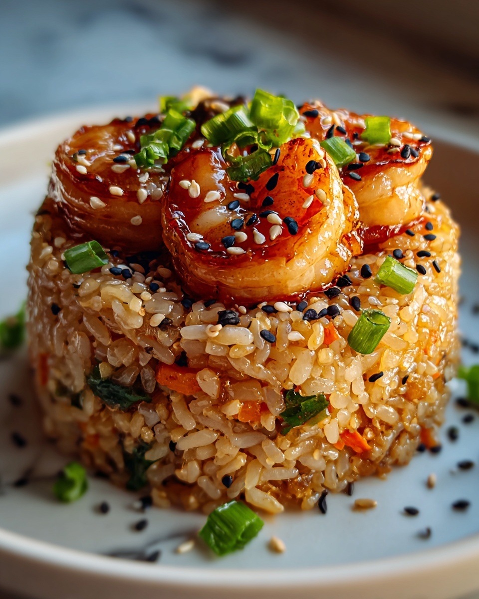 Large white serving platter featuring an impressive arrangement of plump, perfectly cooked shrimp layered throughout a generous portion of seasoned sticky rice, garnished with scattered black and white sesame seeds and finely chopped fresh green onions, whole dish presented from a professional 3/4 angle view on a white marble background with natural lighting, styled as a vibrant hero shot from a food magazine, photo taken with an iphone --ar 4:5 --v 7