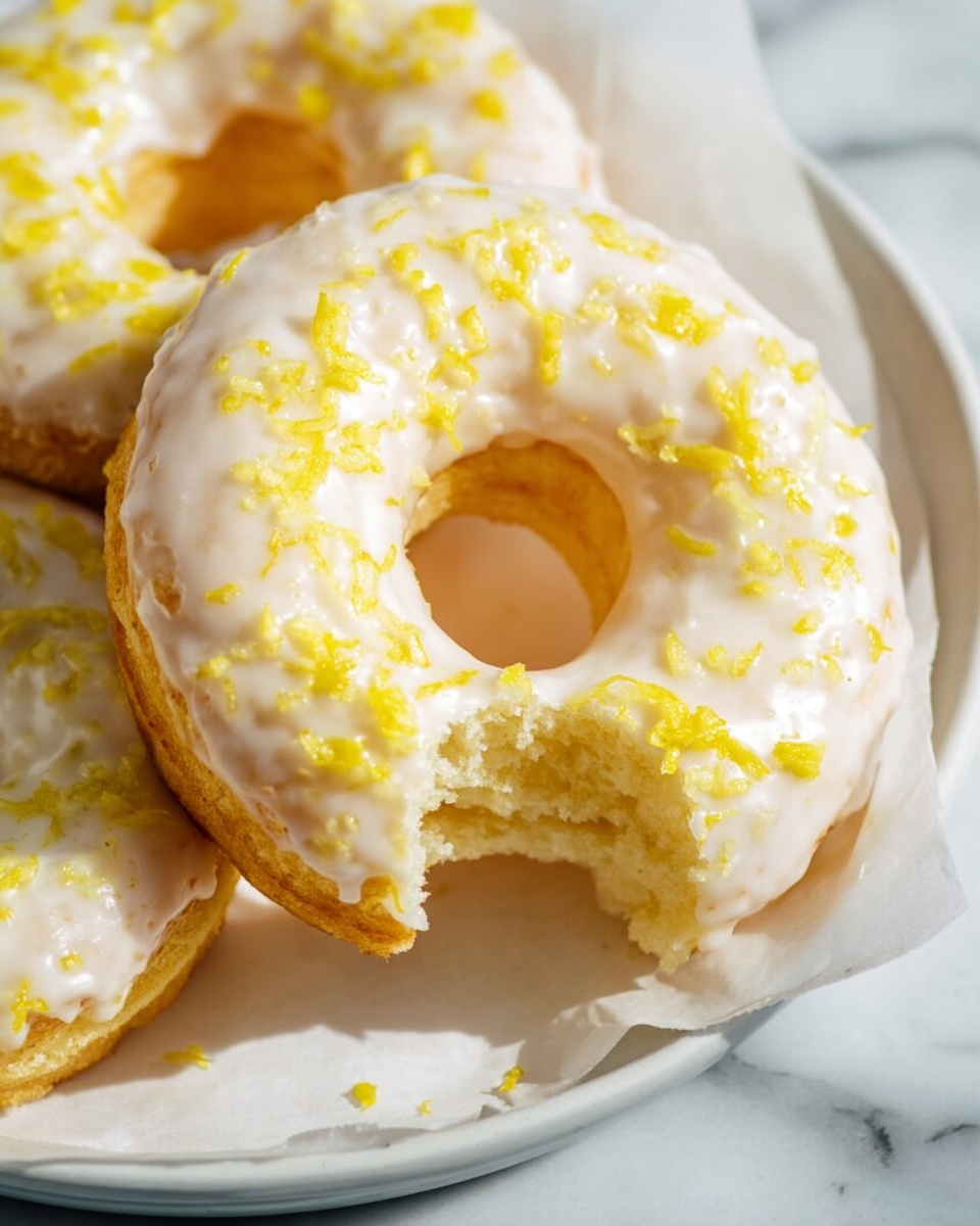 White rectangular baking tray filled with six whole lemon-glazed donuts, each evenly coated with a shiny white glaze and sprinkled with vibrant lemon zest, accompanied by fresh lemon slices and a small dish of extra glaze on a white parchment paper lining, shot from a professional 3/4 angle on a white marble surface with natural lighting, styled as a stunning hero food magazine photo taken with an iphone --ar 4:5 --v 7