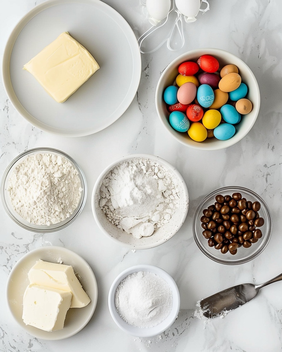 Cadbury Mini Eggs Cheesecake Dip (No-Bake Easter Treat) Recipe 5 Single white bowl filled with a creamy rice pudding topped with pastel-colored speckled mini chocolate eggs and sprinkled with small shards of dark chocolate, close-up angle emphasizing the smooth, velvety texture of the pudding beneath the crunchy candy topping, placed on a white marble surface with soft natural lighting, styled like a dessert from a food blog ready to enjoy, photo taken with an iphone --ar 4:5 --v 7