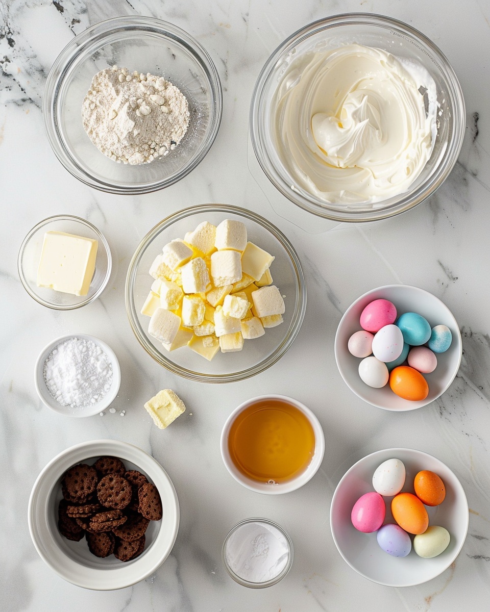 Easter No-Bake Mini Egg Cheesecake Recipe 5 Single white plate with an elegant gold trim holding a single slice of creamy cheesecake embedded with chocolate flakes, showing its smooth, rich interior texture and a firm, crumbly graham cracker crust base; the slice is beautifully garnished on top with delicate pastel-colored speckled candy eggs and small vibrant edible flowers, all set on a white marble surface with natural lighting, styled like a food blog presentation, intimate plated serving photo taken with an iphone --ar 4:5 --v 7