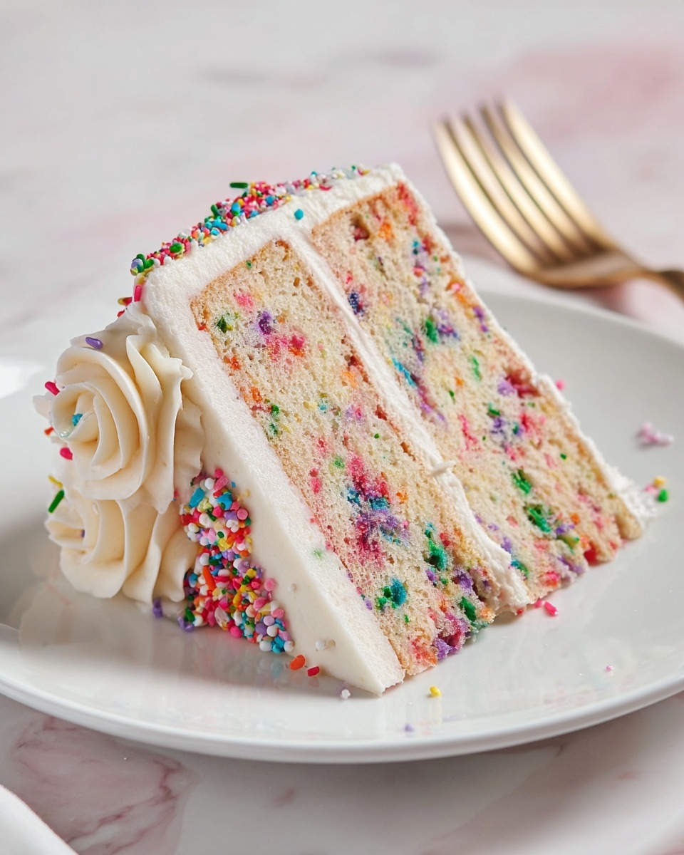 Gluten-Free Funfetti Birthday Cake Recipe 6 Whole round vanilla layer cake on a white cake stand, fully frosted with smooth creamy white icing and adorned with colorful rainbow sprinkles covering the sides, topped with evenly spaced swirls of piped white frosting each garnished with a few sprinkles, photographed from a slight 3/4 angle on a white marble surface with natural light, styled as a hero shot for a food magazine photo taken with an iphone --ar 4:5 --v 7