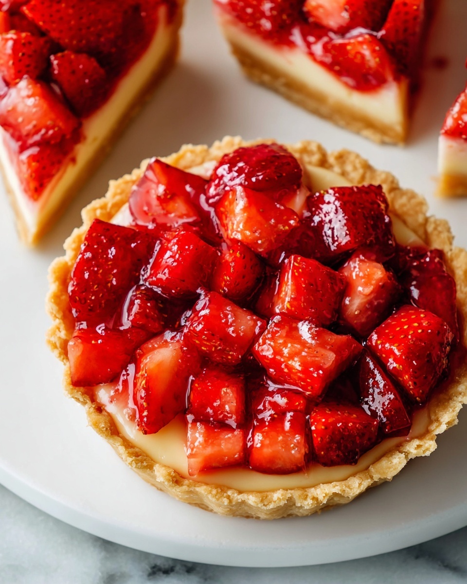 Mini Strawberry Custard Tartlets From Scratch Recipe 6 White serving platter filled with a full batch of small strawberry tartlets, each with a curly edged buttery crust overflowing with glistening diced fresh strawberries in a glossy syrup, surrounded by scattered whole strawberries, shot with a professional food styling approach from a 3/4 angle, placed on a white marble countertop under natural lighting, photo taken with an iphone --ar 4:5 --v 7