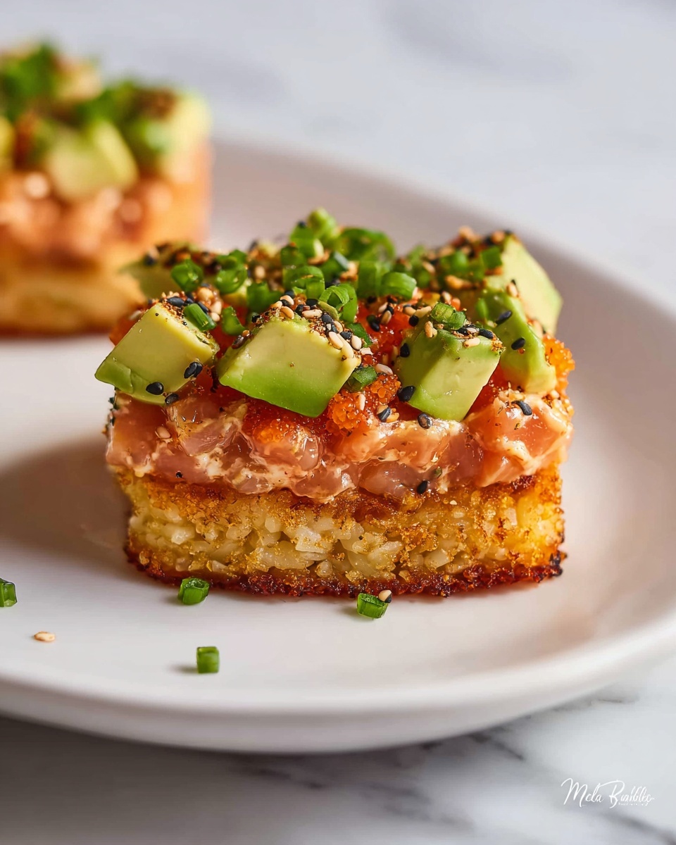 White rectangular platter filled with multiple pieces of crispy rice sushi topped with vibrant diced avocado and spicy creamy salmon mixture, garnished with black sesame seeds and finely chopped green onions, all arranged neatly in rows, entire dish shown, professional 3/4 angle shot on white marble background with natural lighting, like a hero shot from a food magazine, photo taken with an iphone --ar 4:5 --v 7