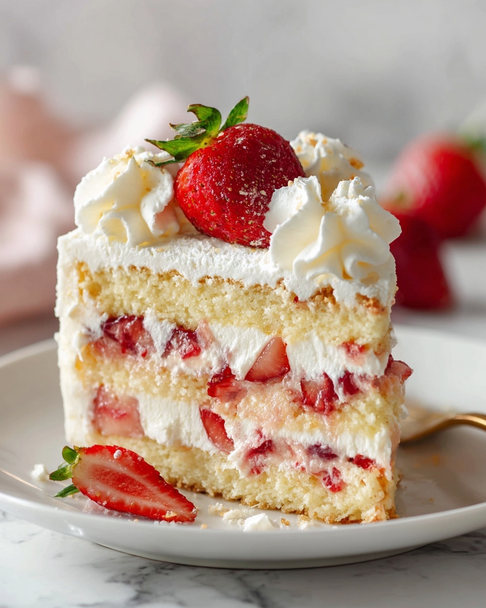 Strawberry Champagne Tiramisu Recipe 6 Rectangular white baking pan filled with a creamy strawberry dessert topped with a smooth layer of pale yellow custard or cheese filling, surrounded by evenly piped white whipped cream rosettes garnished with halved fresh strawberries and small decorative edible pearls, whole dessert shown in an elegant and complete state on a white marble countertop with natural lighting, styled as a professional food magazine hero shot, photo taken with an iphone --ar 4:5 --v 7