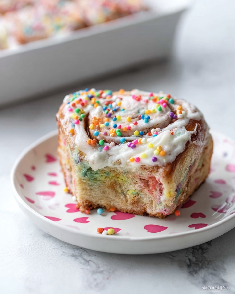 Full rectangular metal baking tray filled with a dozen freshly baked cinnamon rolls generously coated in creamy white icing and topped with vibrant multicolored round sprinkles, the rolls arranged closely together filling the entire tray, photographed from above on a white marble countertop with soft natural lighting, professional food magazine hero shot, photo taken with an iphone --ar 4:5 --v 7