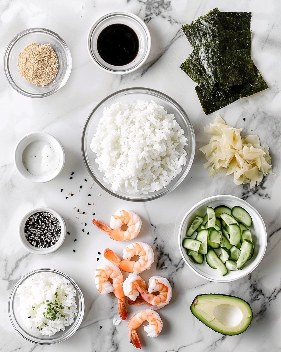 Spicy Tuna and Tempura Shrimp Dynamite Roll Recipe 5 Single white plate featuring one sushi roll slice topped with creamy spicy mayo and sweet unagi sauce drizzled artfully, close-up showing glistening rice grains speckled with black sesame seeds and visible avocado and shrimp tempura filling inside the cross-section, a golden crispy tempura shrimp placed behind the sushi slice as garnish, natural light enhancing the fresh textures, placed on white marble surface, intimate plated serving photo taken with an iphone --ar 4:5 --v 7