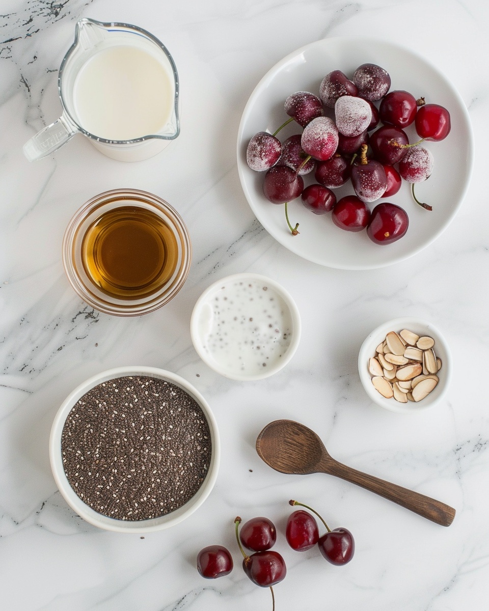 Cherry Chia Pudding Recipe 5 Single white bowl showcasing a generous serving of vibrant pink chia seed pudding with visible plump chia seeds suspended in creamy texture, topped with a handful of glossy red cherries and sprinkled with tiny black seeds for contrast, close-up angled view revealing the pudding’s thick, delicate consistency, natural lighting highlighting the rich colors and smooth surface, placed on a white marble background, styled for an intimate food blog presentation, photo taken with an iphone --ar 4:5 --v 7
