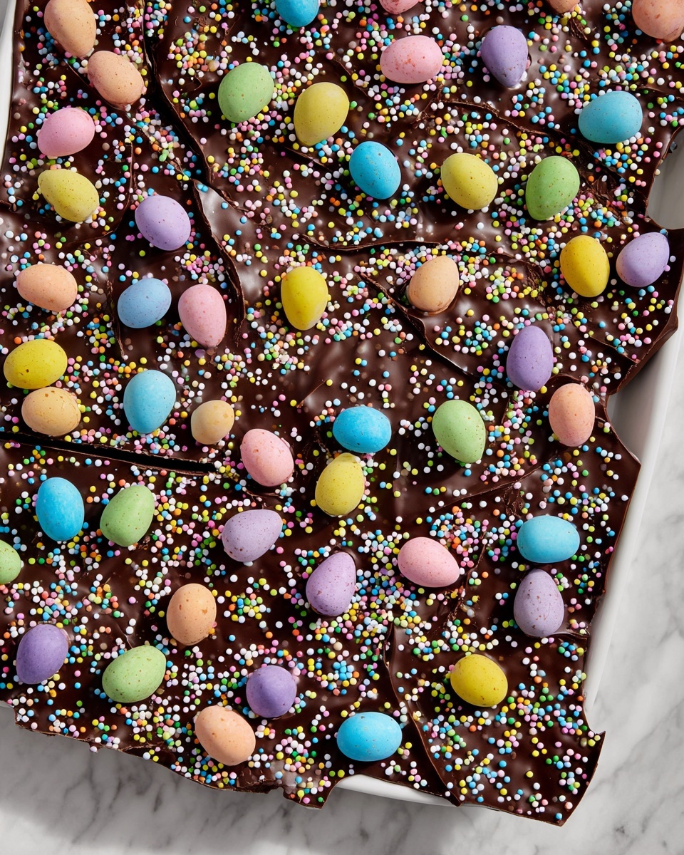 Large white rectangular baking tray filled with a whole slab of shiny dark chocolate bark, generously decorated with an array of colorful pastel candy-coated chocolate eggs and matching round sprinkles scattered evenly across the entire surface, edges intact and unbroken, photographed from a 3/4 angle on a white marble countertop, natural lighting highlighting the glossy chocolate and vibrant candy colors, professional food magazine hero shot, photo taken with an iphone --ar 4:5 --v 7