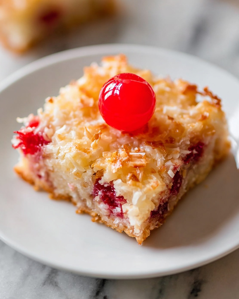Pina Colada Seven Layer Bars Recipe 6 A large white rectangular baking dish filled with a golden-brown baked coconut and cherry dessert, showing the entire uncut square bars with a crisp toasted coconut top and vibrant red cherries evenly distributed throughout, sitting on a white marble countertop under natural light, professional food styling photo taken with an iphone --ar 4:5 --v 7