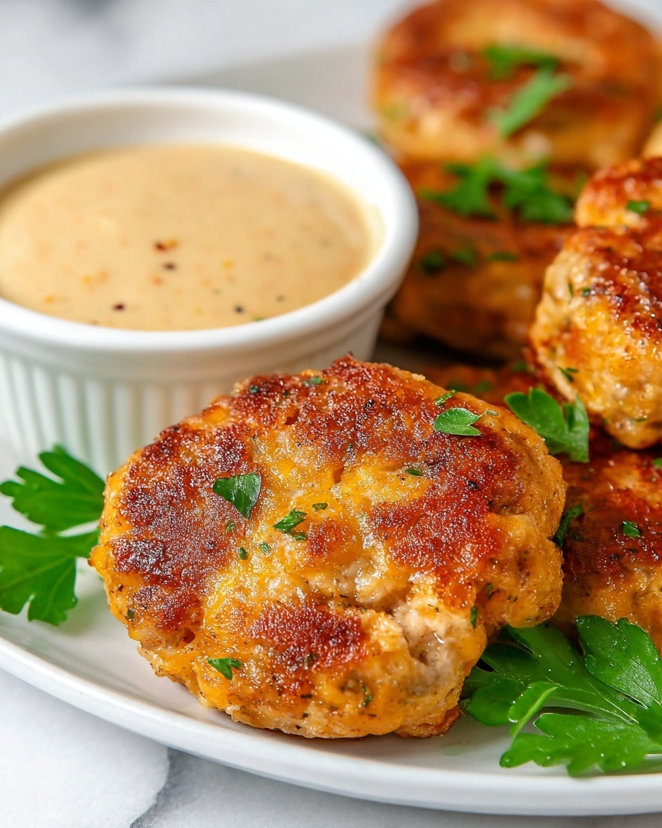 Large white plate filled with a full batch of golden-brown homemade chicken and cheese patties, each topped with fresh chopped parsley, arranged around a clear glass bowl of creamy seasoned dipping sauce, whole dish captured in a professional 3/4 angle shot on white marble surface with natural lighting, styled like a hero food magazine photo taken with an iphone --ar 4:5 --v 7