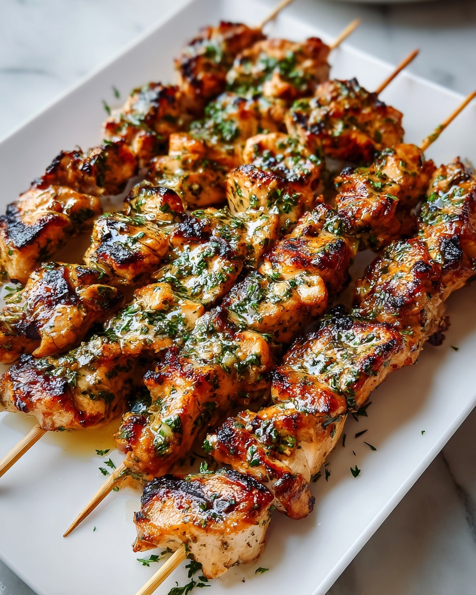 Garlic Parmesan Chicken Skewers: Grilled to Flavorful Perfection Recipe 6 White rectangular serving platter filled with an entire set of grilled chicken skewers, the chicken pieces perfectly charred and glazed with a herb-infused sauce featuring visible flecks of parsley and garlic, arranged neatly side by side, whole dish showcased on a pristine white marble countertop, photographed from a 3/4 angle with natural lighting, professional food magazine style, photo taken with an iphone --ar 4:5 --v 7