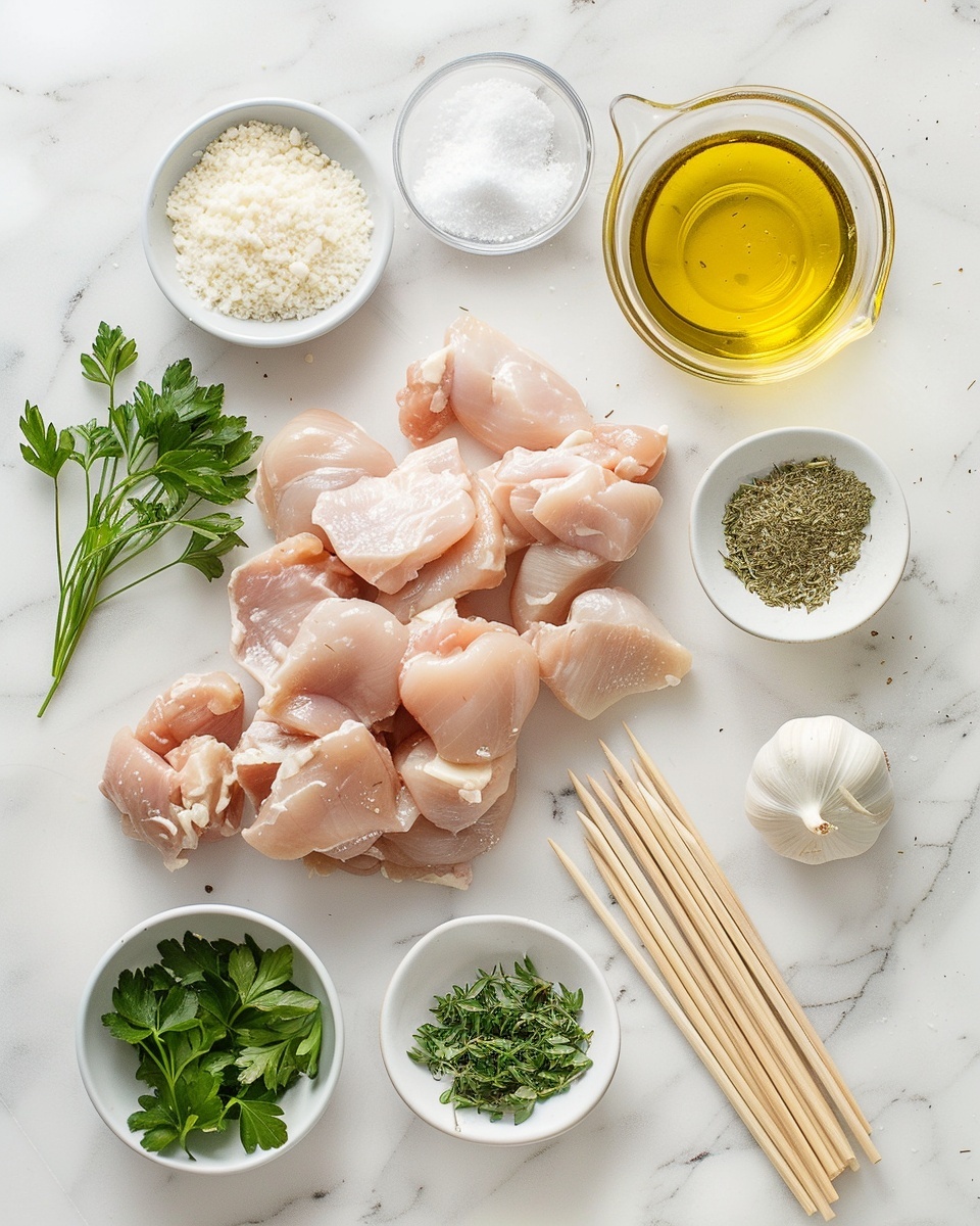 Garlic Parmesan Chicken Skewers: Grilled to Flavorful Perfection Recipe 5 Single white plate holding one grilled chicken skewer, close-up angled shot highlighting tender, juicy chunks of marinated chicken with charred grill marks, sprinkled with finely chopped fresh herbs and grated cheese, glistening with savory juices on a pristine white marble surface, styled elegantly as a ready-to-eat individual portion, natural lighting emphasizing texture and color, photo taken with an iphone --ar 4:5 --v 7