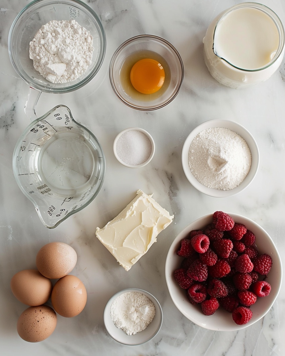 Cream Cheese Filled Raspberry Puffs Recipe 5 Single white plate holding one cream puff sliced in half, showing fluffy choux pastry layers filled with smooth whipped cream and vibrant raspberry jam oozing slightly, dusted with powdered sugar, surrounded by fresh raspberries, close-up angle capturing the airy texture of the pastry and rich filling, natural lighting on white marble surface, styled like a food blog intimate serving photo taken with an iphone --ar 4:5 --v 7