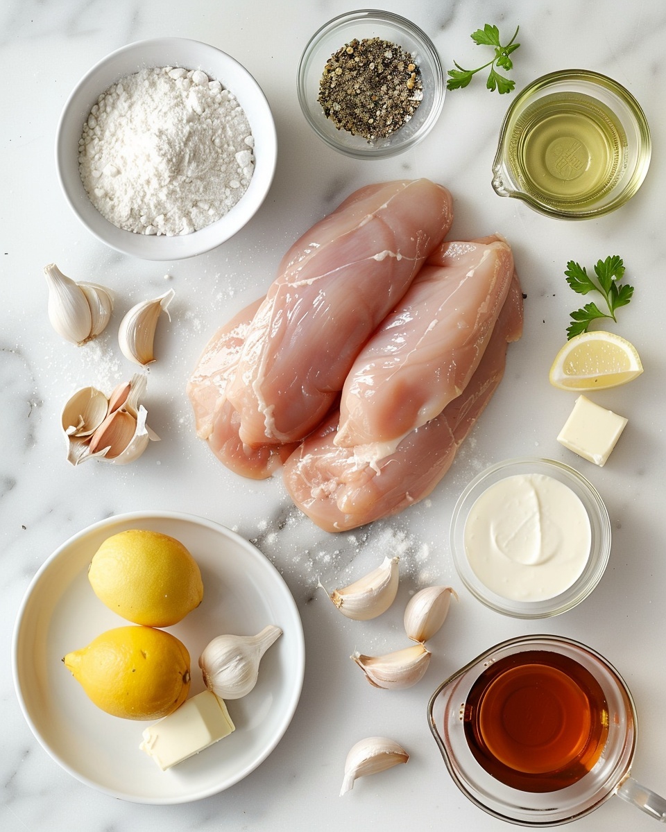 Single white plate featuring a perfectly plated portion of lemon herb chicken breast topped with creamy sauce and finely chopped parsley, accompanied by golden roasted potato wedges showing crispy edges and tender interiors, alongside vibrant green beans lightly drizzled with sauce, garnished with fresh lemon slices, all arranged invitingly on a white marble surface, close-up angled shot highlighting textures and fresh ingredients, styled like a food blog serving, natural lighting, photo taken with an iphone --ar 4:5 --v 7