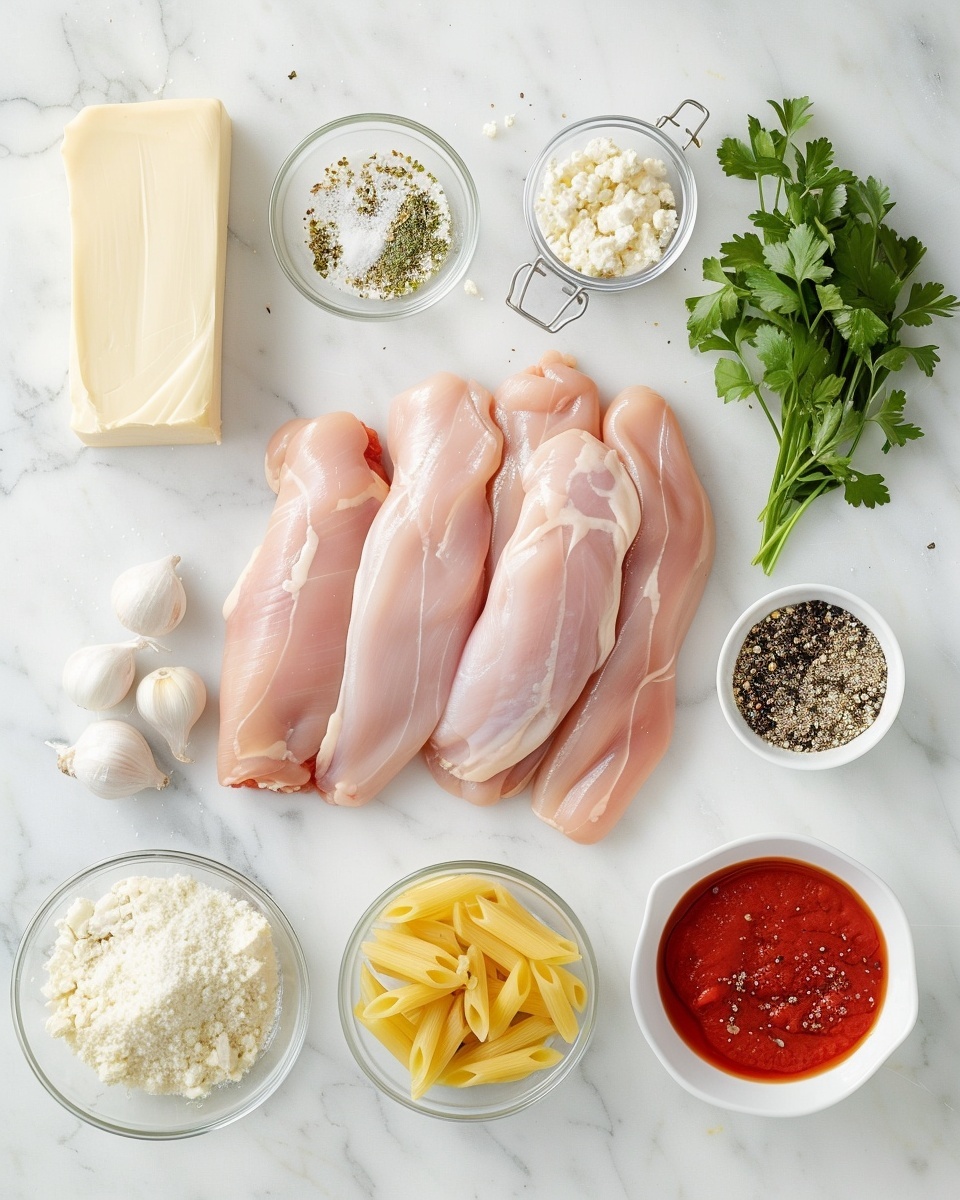 Instant Pot Chicken Parmesan Pasta Recipe 5 Single white plate holding a generous portion of baked rigatoni pasta with a golden, bubbling layer of melted mozzarella cheese stretching smoothly as a golden spoon lifts the pasta, revealing tender rigatoni tubes coated in rich tomato sauce and creamy cheese beneath, sprinkled with fresh green parsley for contrast, natural light highlighting the glossy cheese and sauce texture, placed on a white marble surface, intimate plated serving photo taken with an iphone --ar 4:5 --v 7