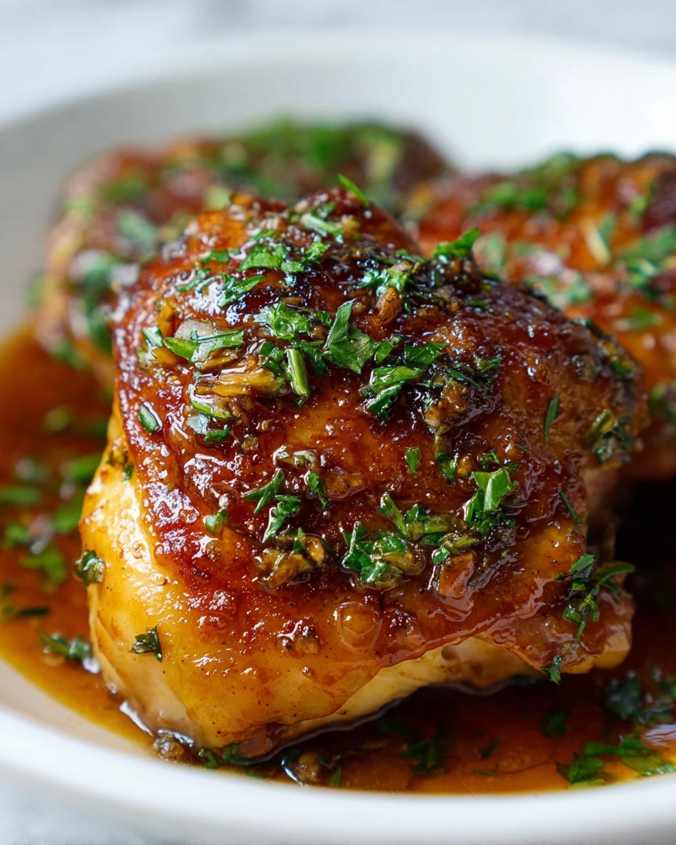 White round serving dish filled with perfectly cooked chicken thighs glazed in a rich, glossy brown sauce, garnished generously with fresh chopped parsley, whole dish captured from a professional 3/4 angle shot on a white marble countertop, natural lighting emphasizing the juicy texture and caramelized skin, food magazine hero style photo taken with an iphone --ar 4:5 --v 7