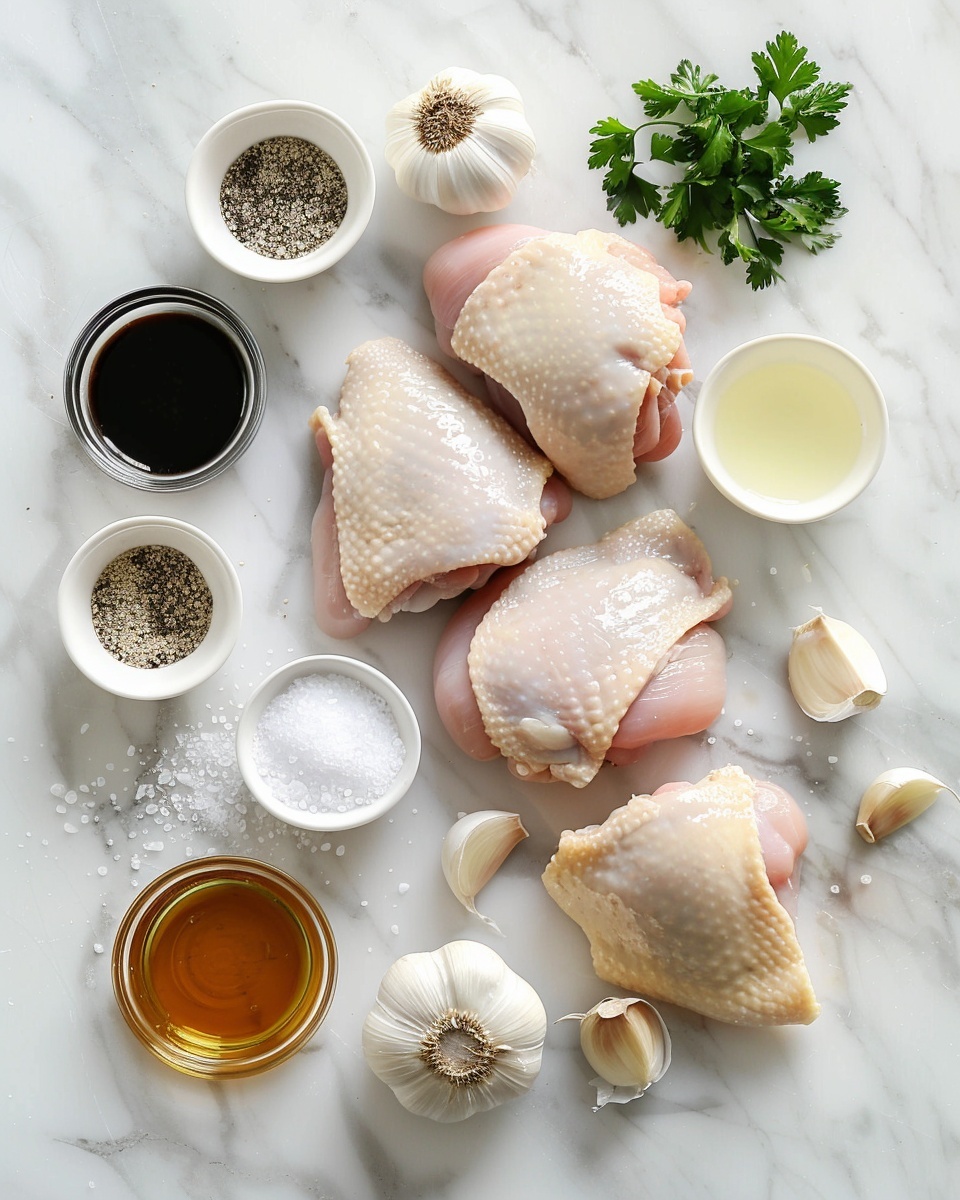 Single white plate featuring one golden-brown glazed chicken thigh, richly coated with a glossy, savory sauce and sprinkled with finely chopped fresh parsley, close-up angled shot capturing the crispy texture of the skin and tender juicy meat beneath, set on a white marble surface with natural lighting highlighting the vibrant herbs and glossy glaze, intimate plated serving photo taken with an iphone --ar 4:5 --v 7