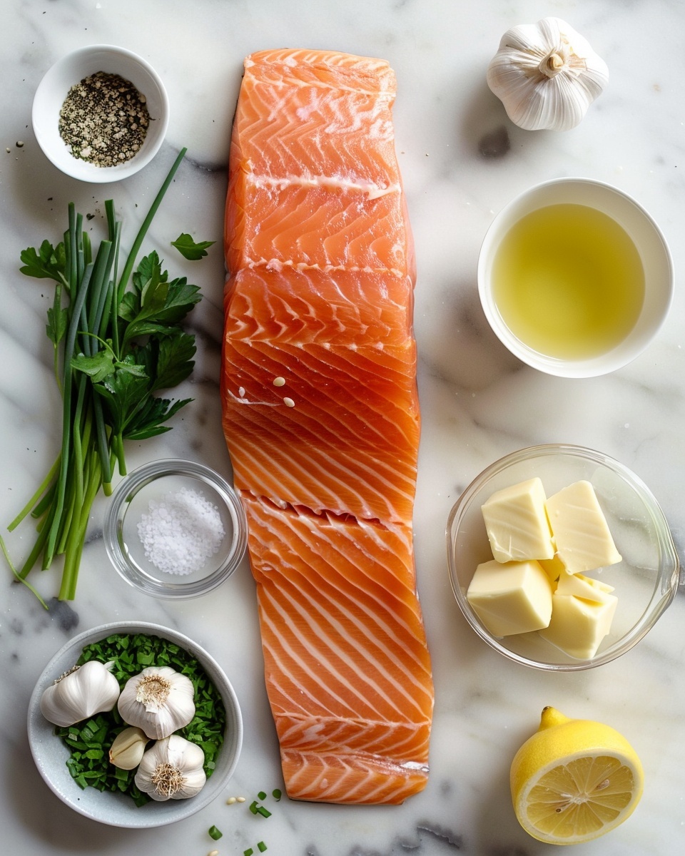 Garlic Lovers Salmon In Foil Recipe 5 Single white plate featuring one neatly plated portion of baked salmon topped with finely chopped roasted garlic, fresh green parsley, and cracked black pepper, showcasing the moist, flaky texture of the tender pink fish, slight glisten from the buttery sauce visible, angled close-up view highlighting the herbs and seasoning contrast against the rich salmon, set on a white marble surface with natural lighting, styled as a ready-to-eat gourmet serving, photo taken with an iphone --ar 4:5 --v 7