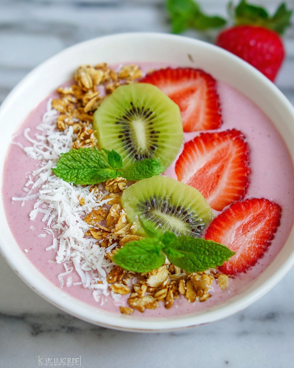 Large white bowl filled with a vibrant pink smoothie topped with neat rows of sliced fresh strawberries, kiwi rounds, crunchy granola, and shredded coconut, garnished with a sprig of fresh mint, accompanied by whole strawberries and kiwi on a natural burlap cloth, shown from a professional 3/4 angle shot on a white marble background with natural lighting, hero food magazine style photo taken with an iphone --ar 4:5 --v 7