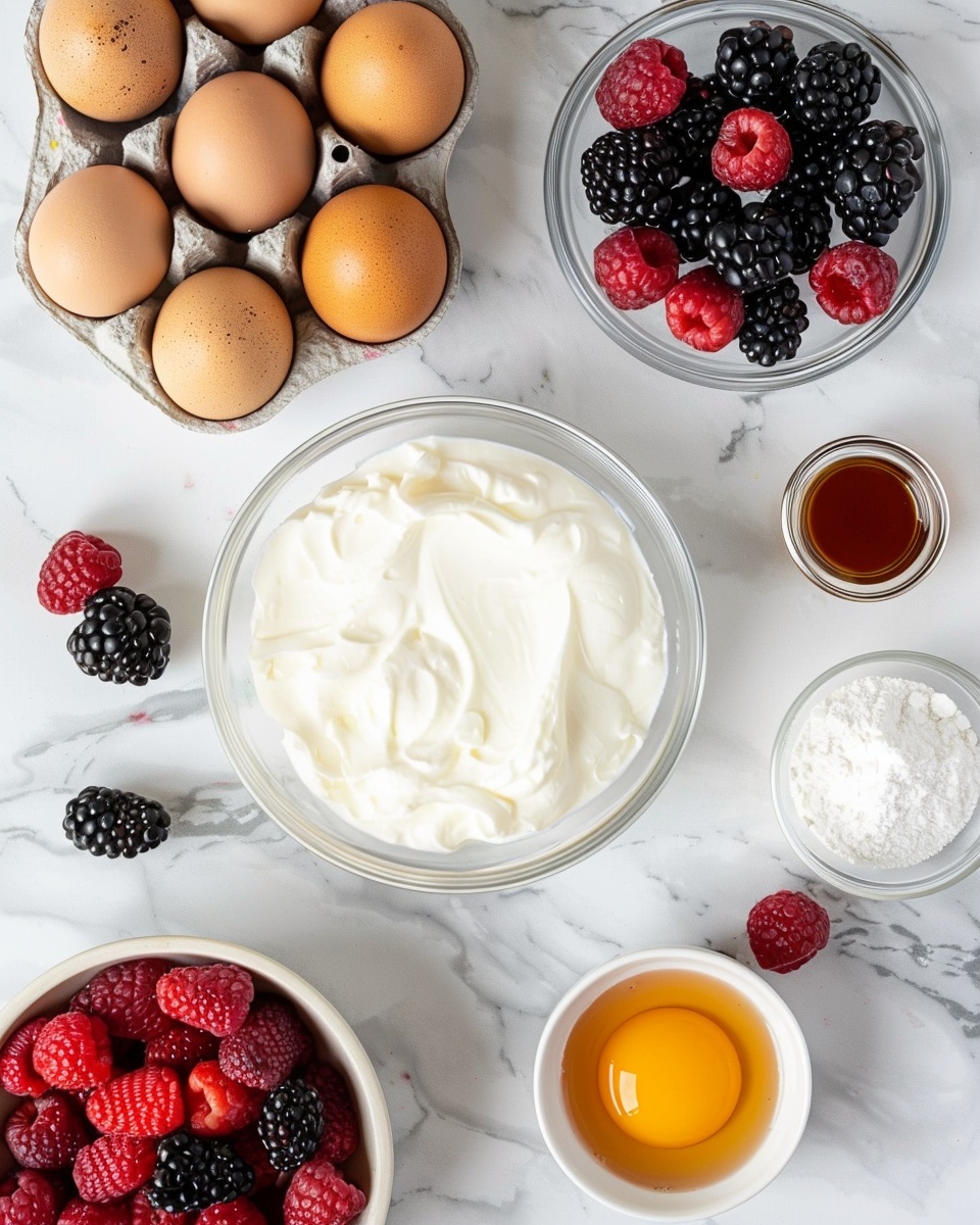 Baked Yogurt with Berries Recipe 5 Single white plate presenting a perfectly sliced wedge of creamy berry cheesecake with visible swirls of fresh strawberries and blueberries embedded inside, topped with a glossy drizzle of golden syrup that highlights the smooth, rich texture, garnished with plump whole strawberries and scattered blueberries around the slice, close-up angled view revealing the dense yet velvety layers, placed on a white marble surface with natural lighting, styled as an elegant individual dessert serving from a food blog, photo taken with an iphone --ar 4:5 --v 7