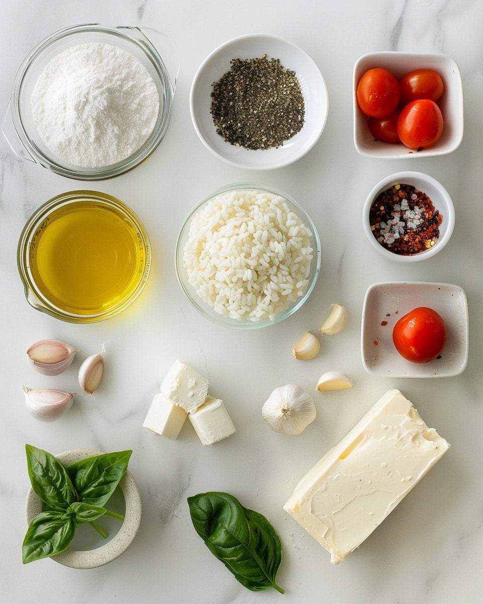 Single white bowl showcasing a close-up, generous single serving of creamy tomato risotto with visible cherry tomato halves, tender chunks of ricotta or mozzarella cheese melting into the rich orange sauce, flecks of fresh basil, and a light sprinkle of cracked black pepper and chili flakes, highlighting the creamy texture and vibrant colors, placed on a white marble surface with natural lighting, styled as a ready-to-eat meal from a food blog, photo taken with an iphone --ar 4:5 --v 7
