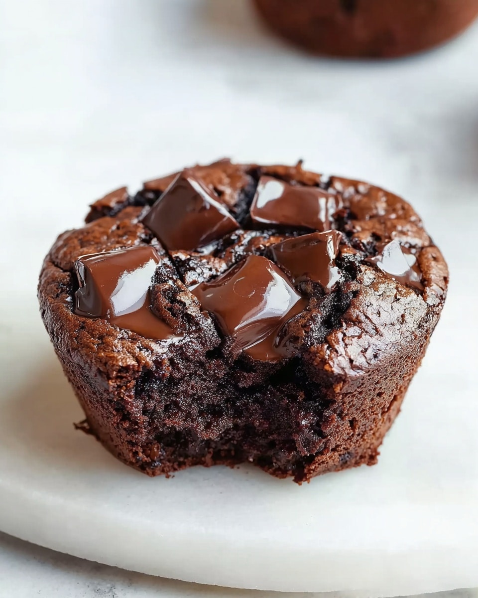 A white rectangular baking pan filled with a dozen rich, dark chocolate muffins, each topped with two glossy, melting chunks of dark chocolate, showcasing their moist and dense texture, arranged neatly on a white marble countertop, natural lighting highlighting the shiny chocolate tops, professional food magazine hero shot photo taken with an iphone --ar 4:5 --v 7