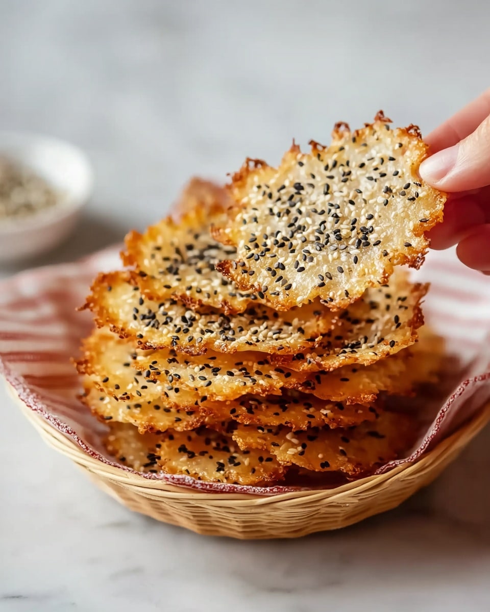 Woven basket filled with a generous pile of round crispy rice crackers topped with a sprinkle of black and white sesame seeds, all resting on a red and white checkered cloth napkin, shot from a 3/4 angle to showcase the full basket against a white marble countertop, natural lighting emphasizing the golden texture and details in a professional food magazine style, photo taken with an iphone --ar 4:5 --v 7