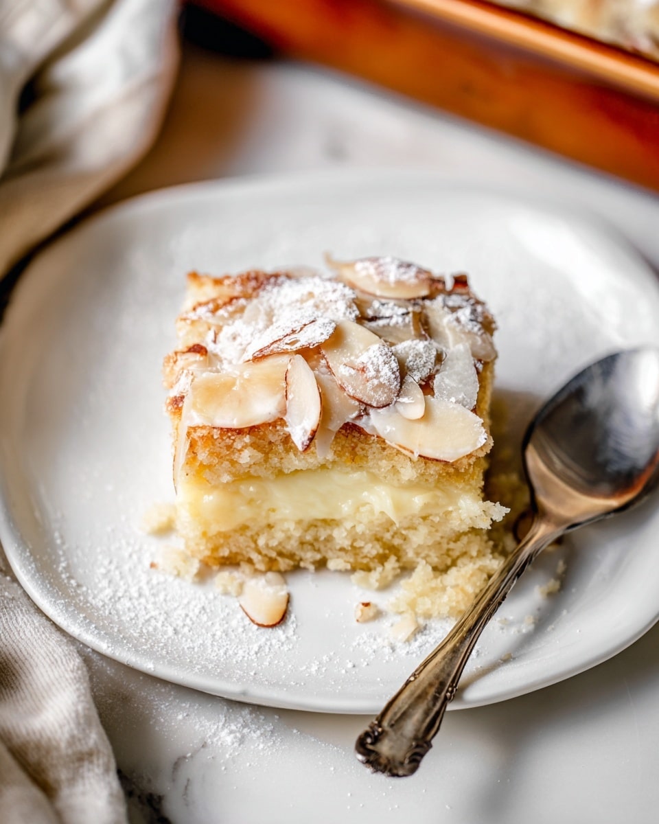 Square metal baking pan filled with eight whole almond-topped sweet rolls coated in a shiny glaze and dusted with powdered sugar, arranged closely together, showcasing their fluffy and golden texture with slivered toasted almonds scattered on top, photographed from above on a white marble countertop with natural lighting, professional food magazine hero shot photo taken with an iphone --ar 4:5 --v 7
