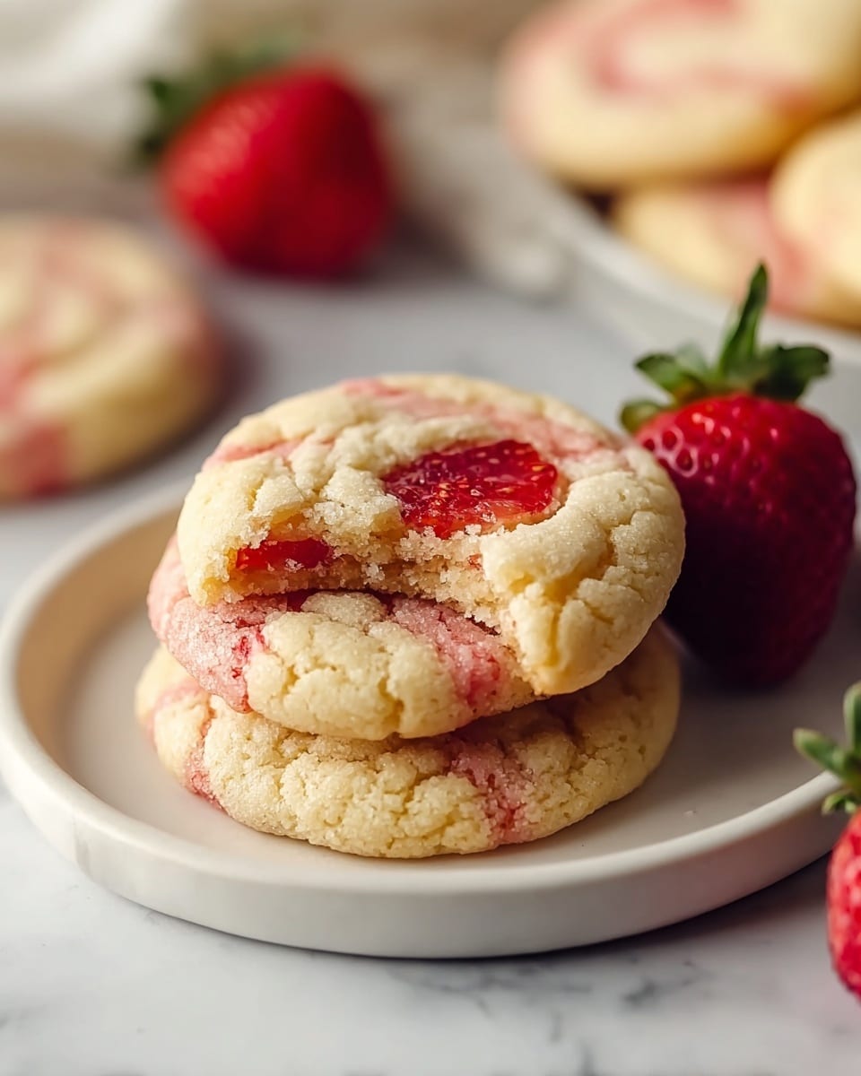 Large white plate filled with a full batch of freshly baked strawberry sugar cookies, each cookie showcasing vibrant red strawberry slices embedded in a soft, golden cookie base with delicate sugar crystals sprinkled on top, arranged neatly and invitingly on a white marble countertop with whole ripe strawberries scattered around, natural lighting highlighting the textures and colors, professional food styling photo taken with an iphone --ar 4:5 --v 7
