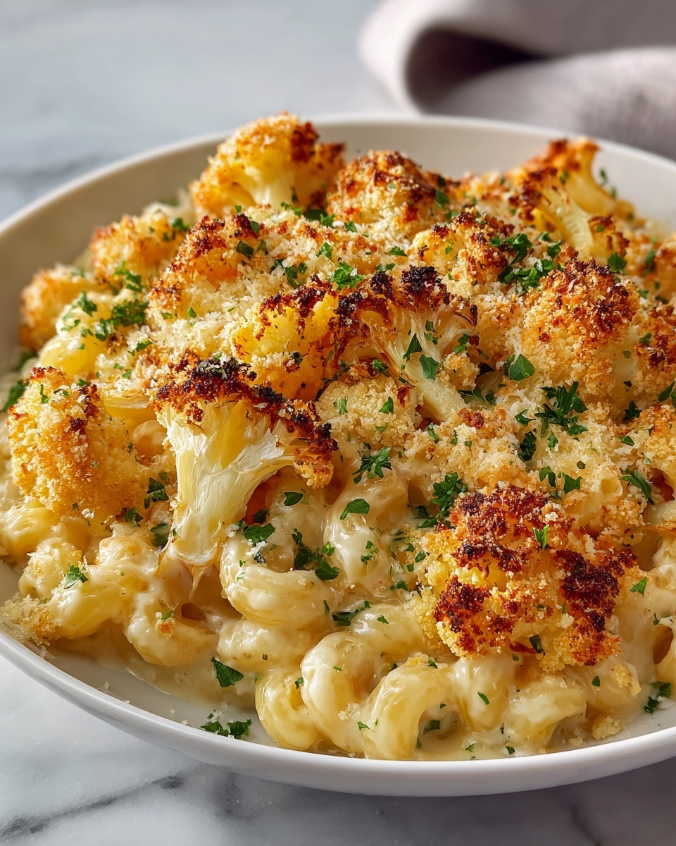 Large white ceramic baking dish filled with creamy cauliflower macaroni and cheese topped with golden-brown toasted breadcrumbs and sprinkled fresh parsley, whole dish shown with tender cauliflower florets and cavatappi pasta visibly coated in a rich cheese sauce, photographed from a 3/4 angle on a white marble countertop with natural lighting, styled as a hero food magazine shot, photo taken with an iphone --ar 4:5 --v 7