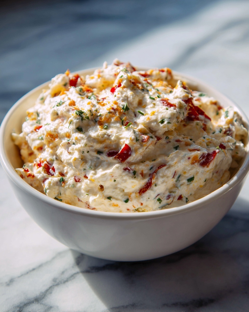 Viral Boat Dip: 10-Minute Creamy Crowd-Pleaser Recipe 6 Large white bowl filled with a generous portion of creamy, textured cheese dip mixed with visible pieces of red peppers, shredded cheddar cheese, and herbs, the full dish styled in a smooth, slightly rustic heap inside the bowl, photographed from a 3/4 angle on a white marble countertop with natural lighting, professional food magazine hero shot, photo taken with an iphone --ar 4:5 --v 7