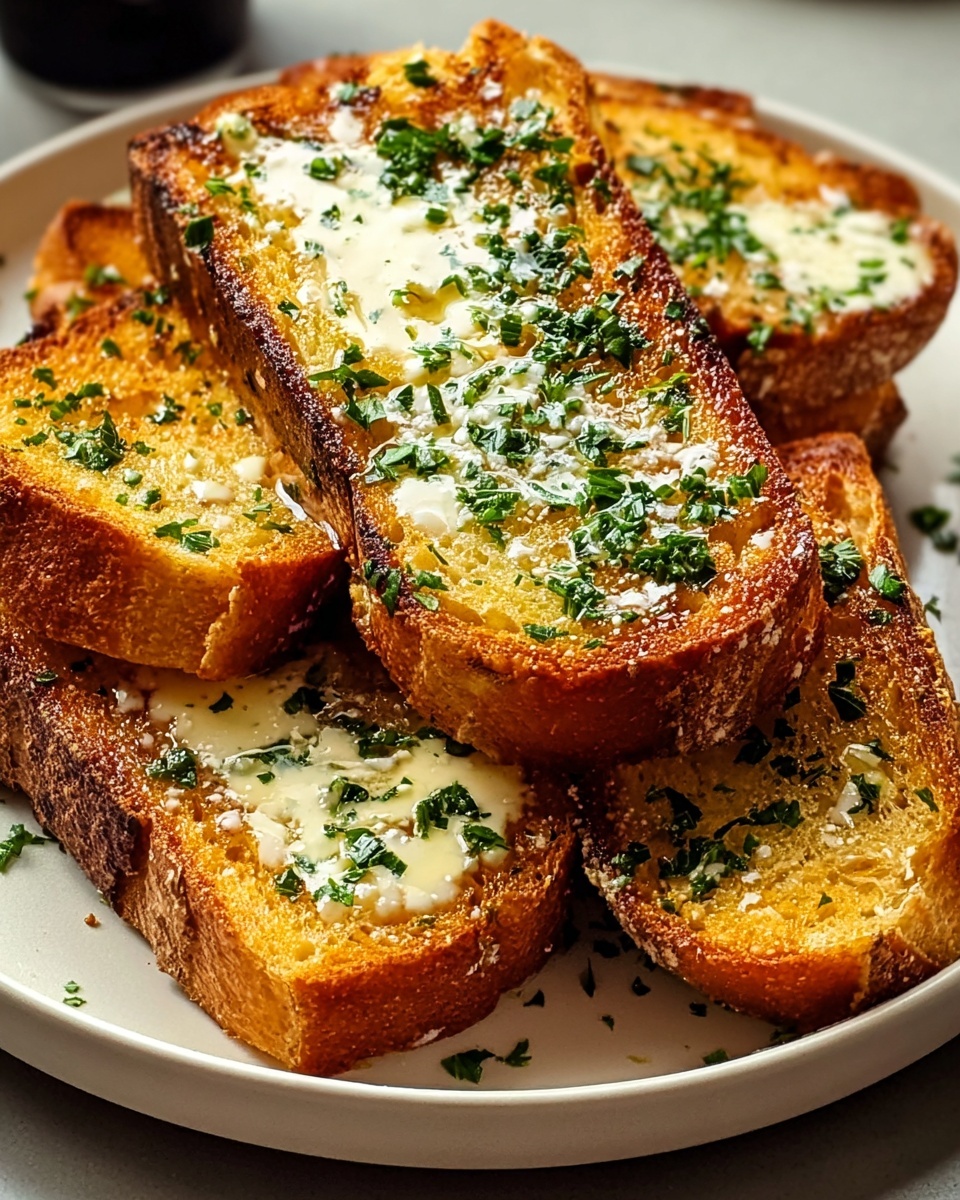 Whole white rectangular platter filled with several thick slices of golden toasted garlic bread, generously covered with melted creamy butter and sprinkled with finely chopped fresh parsley, arranged in a rustic, inviting stack, photographed from a 3/4 angle on a white marble countertop with natural lighting, professional food styling photo taken with an iphone --ar 4:5 --v 7