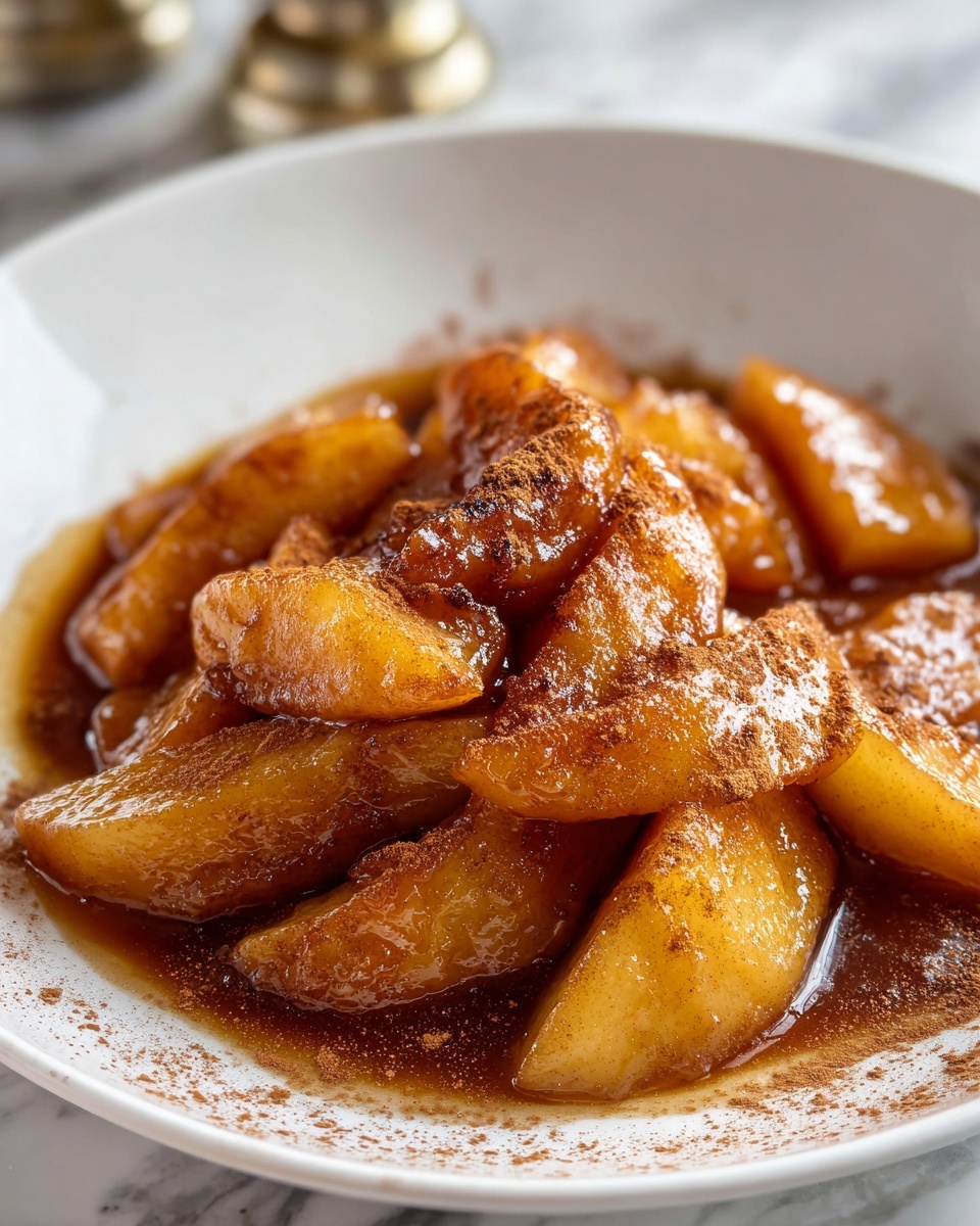Southern Fried Apples Recipe 6 Large black cast iron skillet filled with a bubbling golden caramelized apple dessert, showcasing thick apple slices evenly coated in rich cinnamon-spiced syrup, the whole dish presented in the skillet with glistening sauce, photographed from a slight 3/4 angle on a white marble countertop, natural lighting highlighting the warm tones, styled like a hero shot from a food magazine, photo taken with an iphone --ar 4:5 --v 7