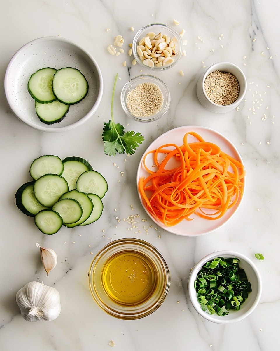 Cucumber Carrot Salad with Spicy Gochugaru Dressing Recipe 5 Single white bowl presenting a close-up of a vibrant portion of spiralized carrot and cucumber salad, tossed with sesame seeds and fresh herbs, capturing the bright orange and green ribbons intertwined, natural lighting highlighting the fresh texture and glossy dressing, set on a white marble surface, intimate plated serving photo taken with an iphone --ar 4:5 --v 7